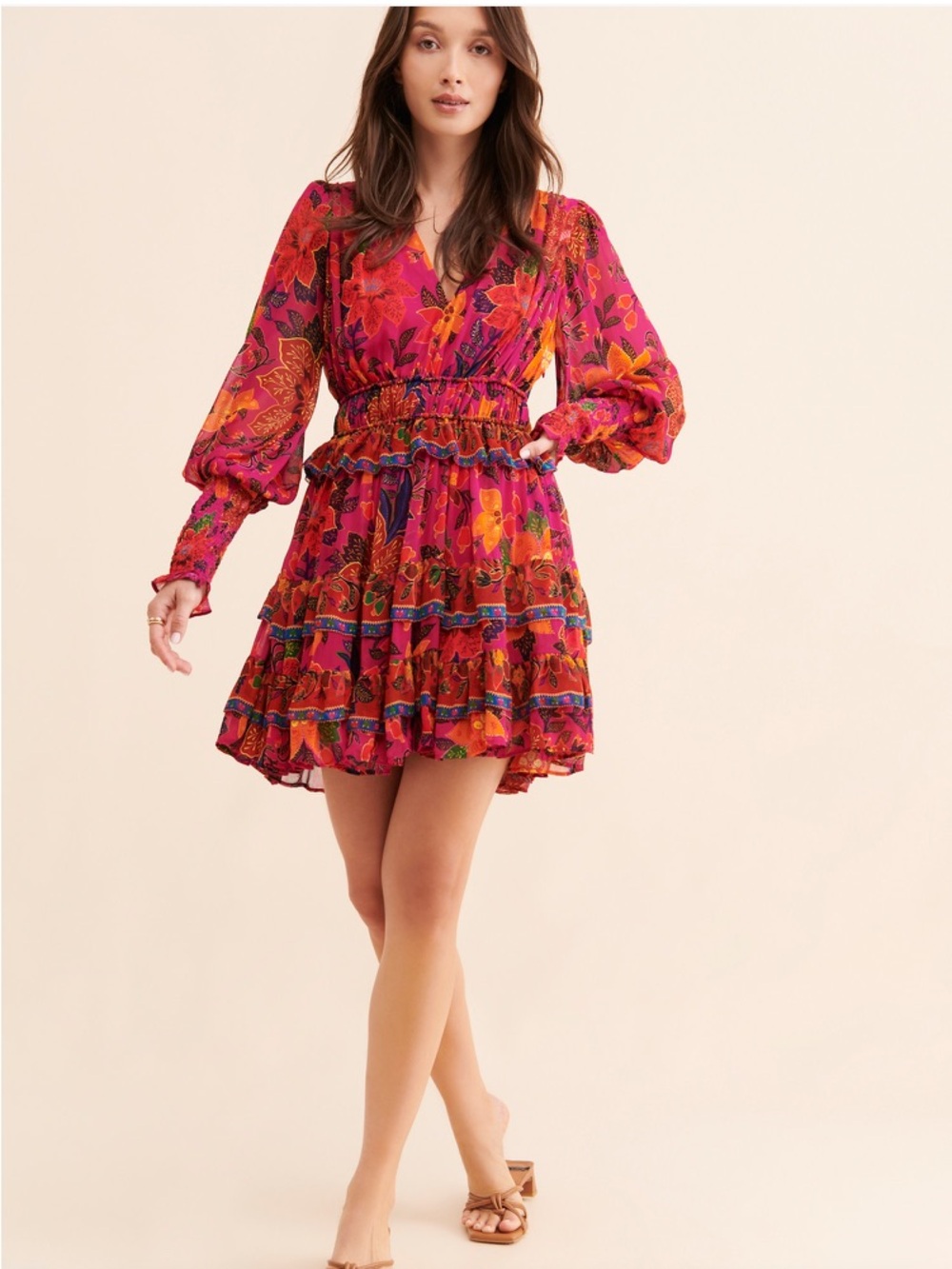 NEW FARM Rio Tropical Tapestry Pink Mini Dress Floral Ruffle Chiffon Size L